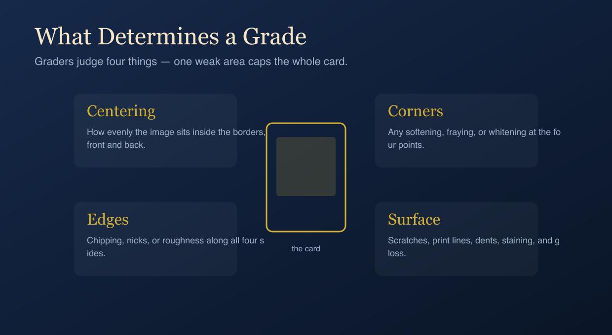 The four grading factors — centering, corners, edges, and surface — that determine a card grade.