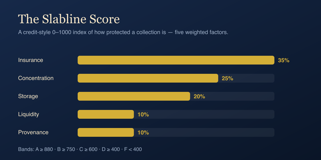 The Slabline Score five weighted factors: Insurance 35%, Concentration 25%, Storage 20%, Liquidity 10%, Provenance 10%.