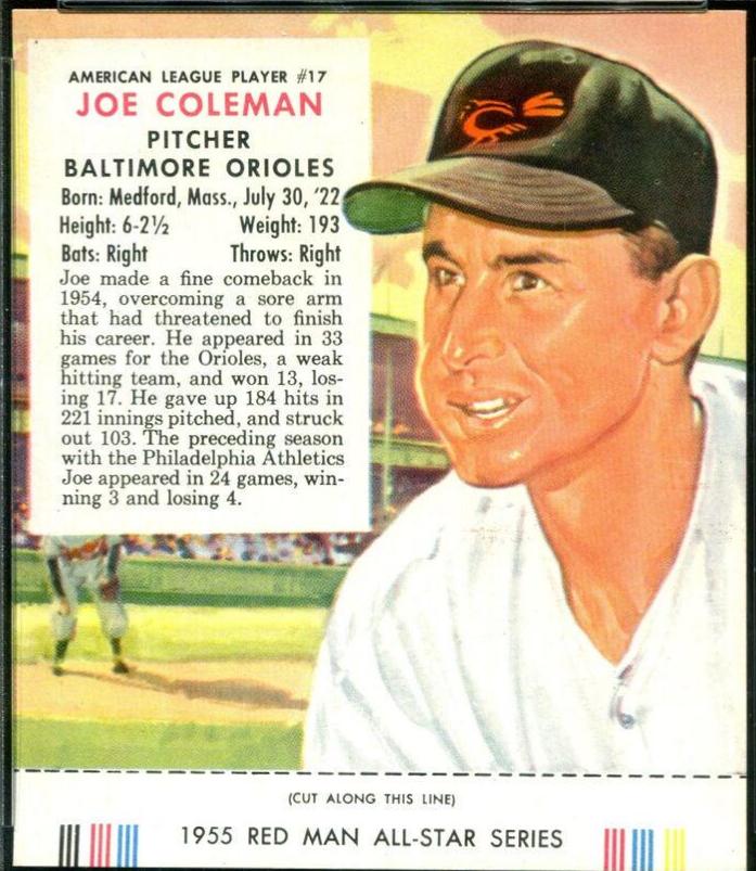 1955 Red Man Tobacco Joe Coleman #17 card