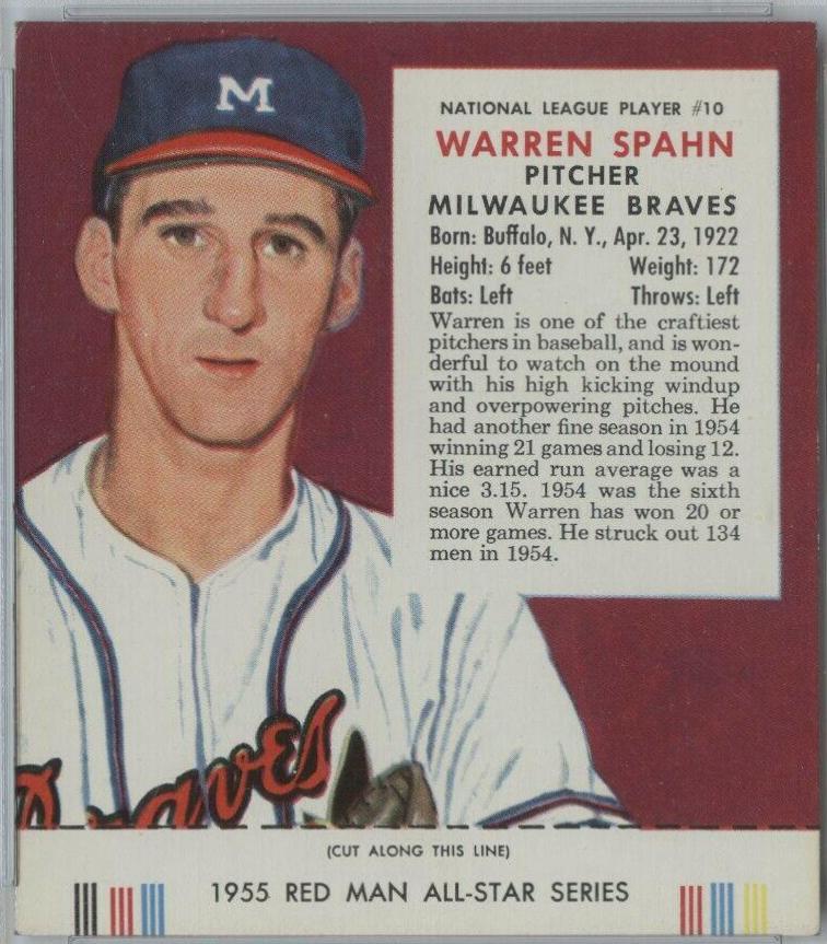 1955 Red Man Tobacco Warren Spahn #10 card