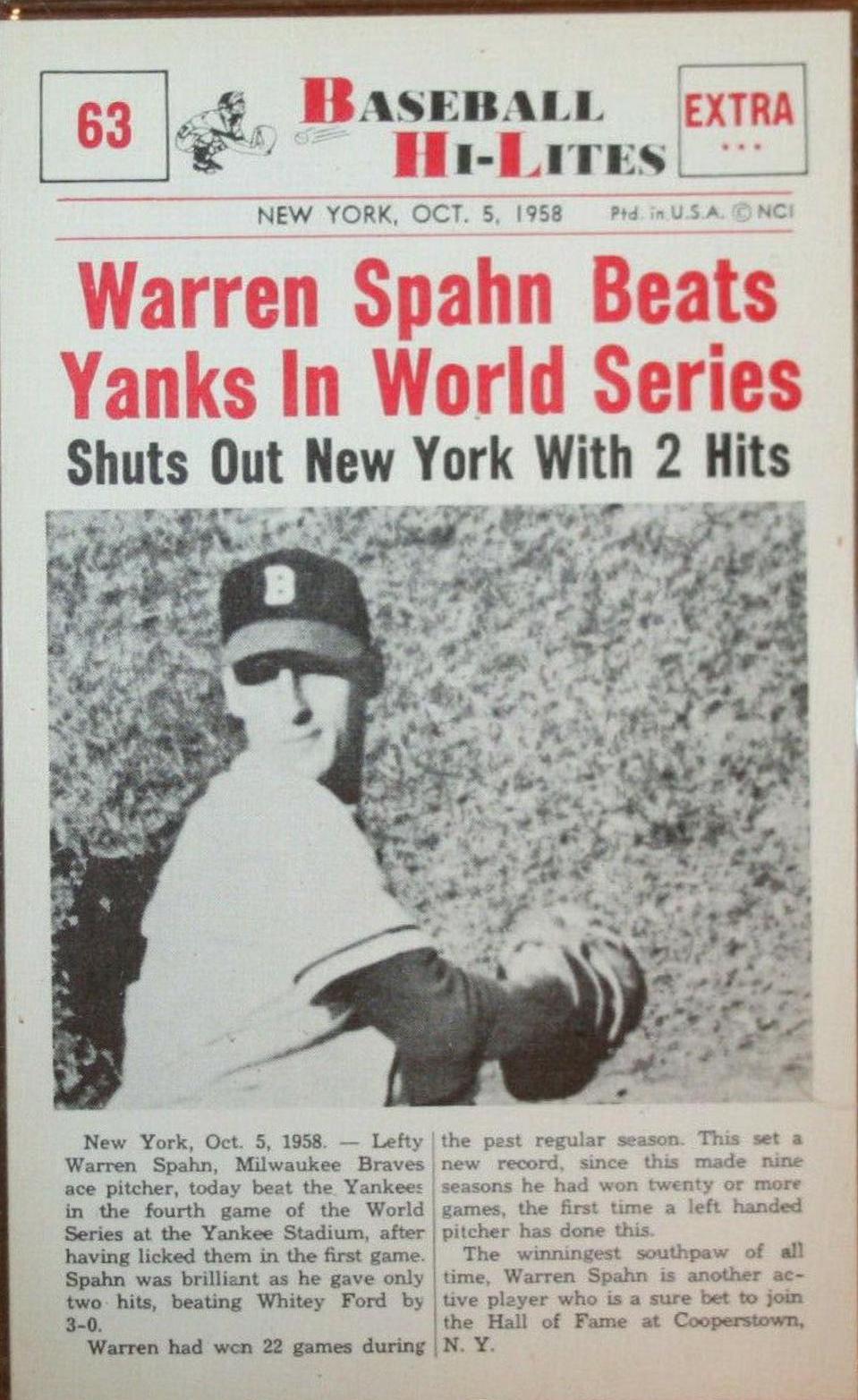 1960 NU Card Baseball Hi Lites Warren Spahn #63 card