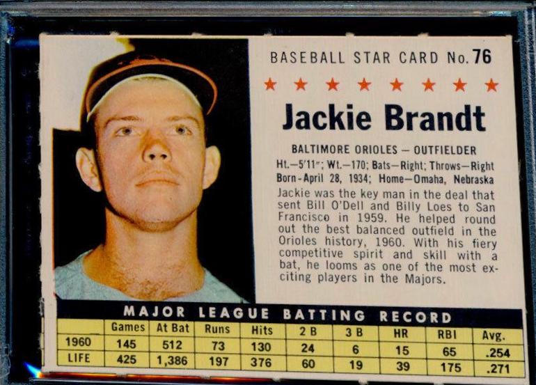 1961 Post Cereal Jackie Brandt [Perforated] #76 card