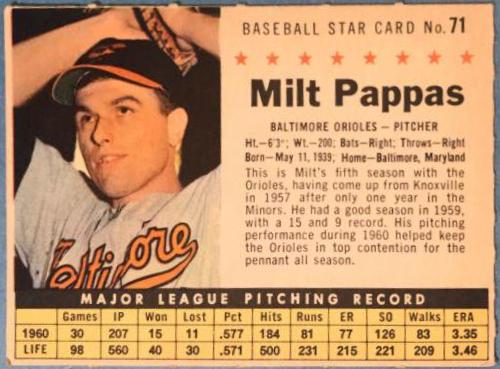 1961 Post Cereal Milt Pappas [Perforated] #71 card