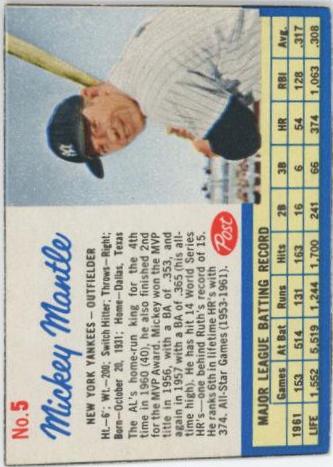 1962 Post Cereal Mickey Mantle [Hand Cut] #5 card