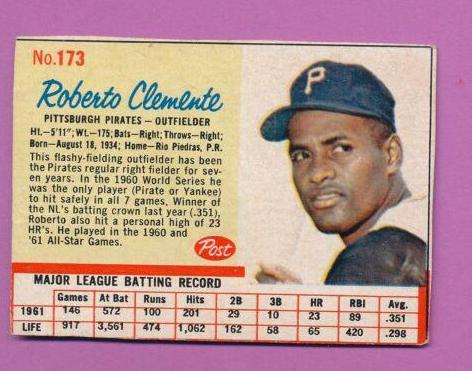 1962 Post Cereal Roberto Clemente [Hand Cut Red Lines] #173 card