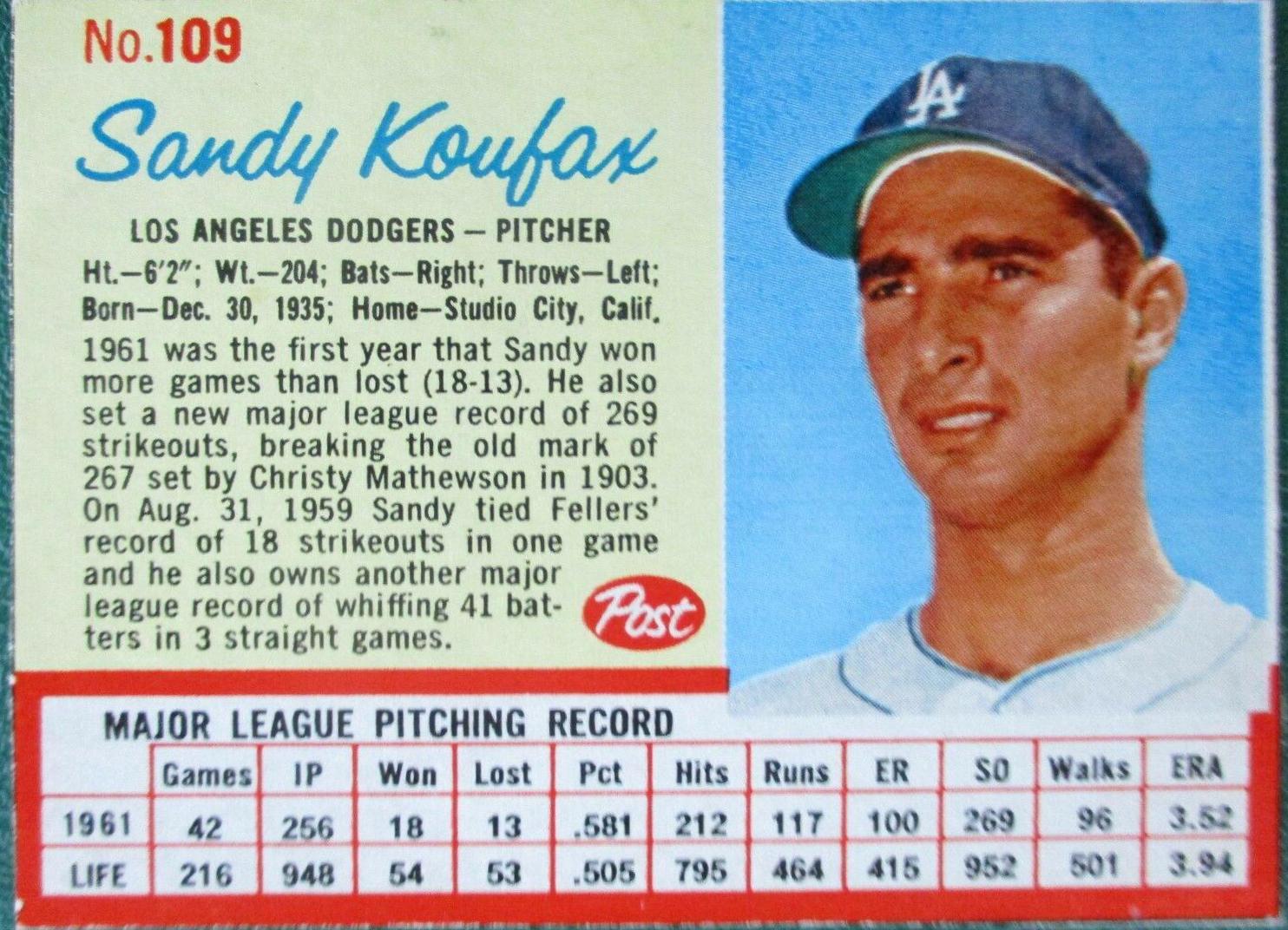 1962 Post Cereal Sandy Koufax [Hand Cut] #109 card