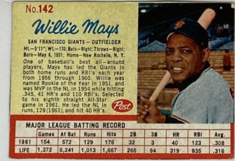1962 Post Cereal Willie Mays [Hand Cut] #142 card