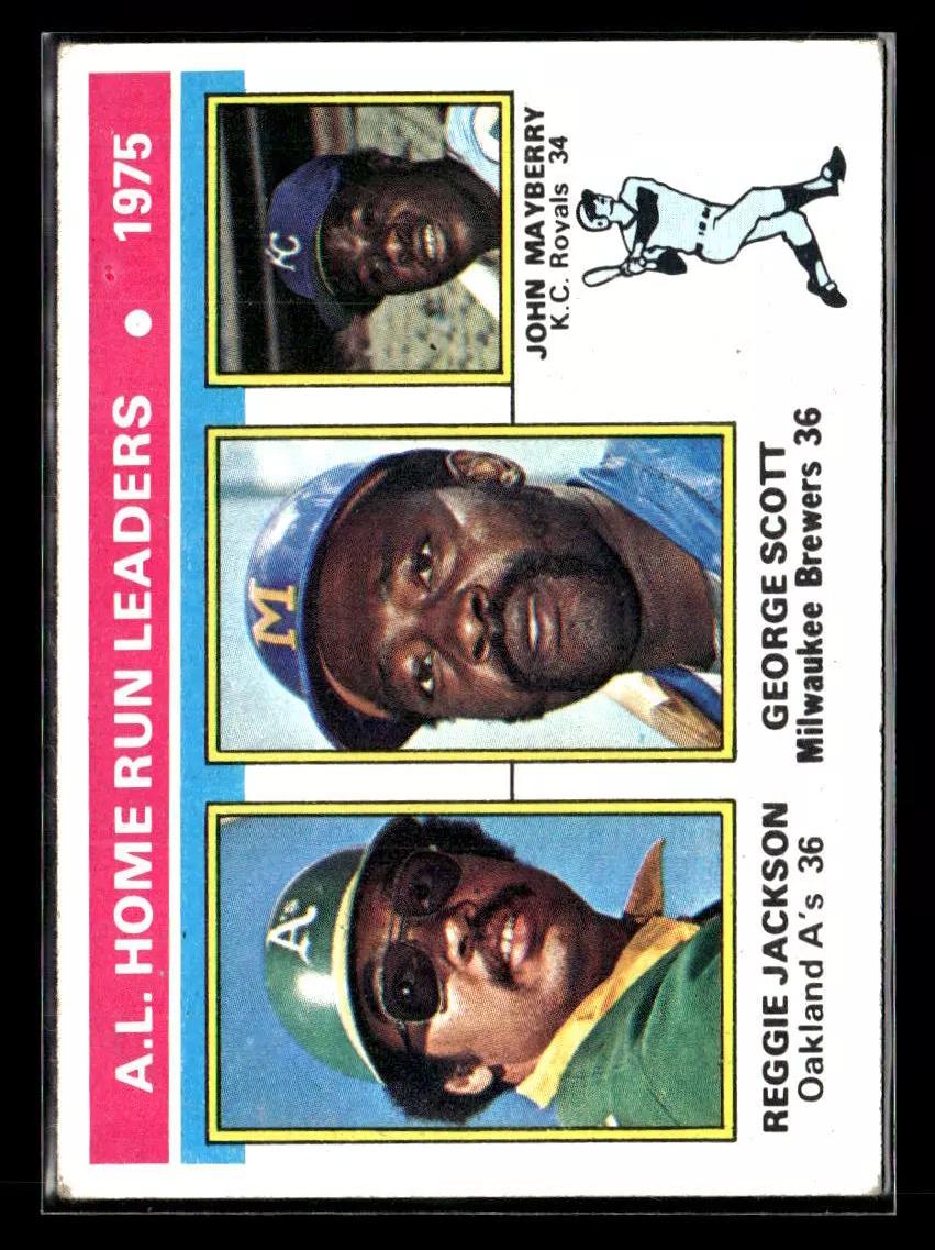 1976 Topps AL Home Run Leaders [Jackson, Scott, Mayberry] #194 card