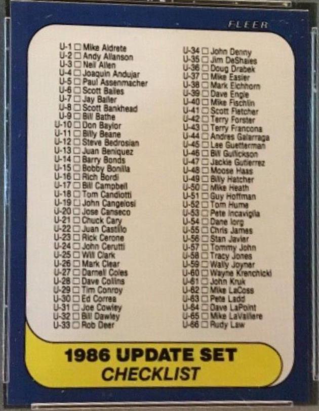 1986 Fleer Update Checklist #1-132 #U-132 card