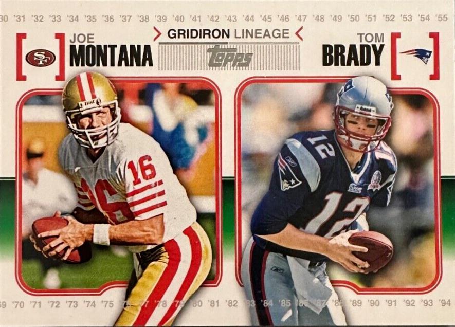 2010 Topps Gridiron Lineage Joe Montana, Tom Brady #GLMOB card