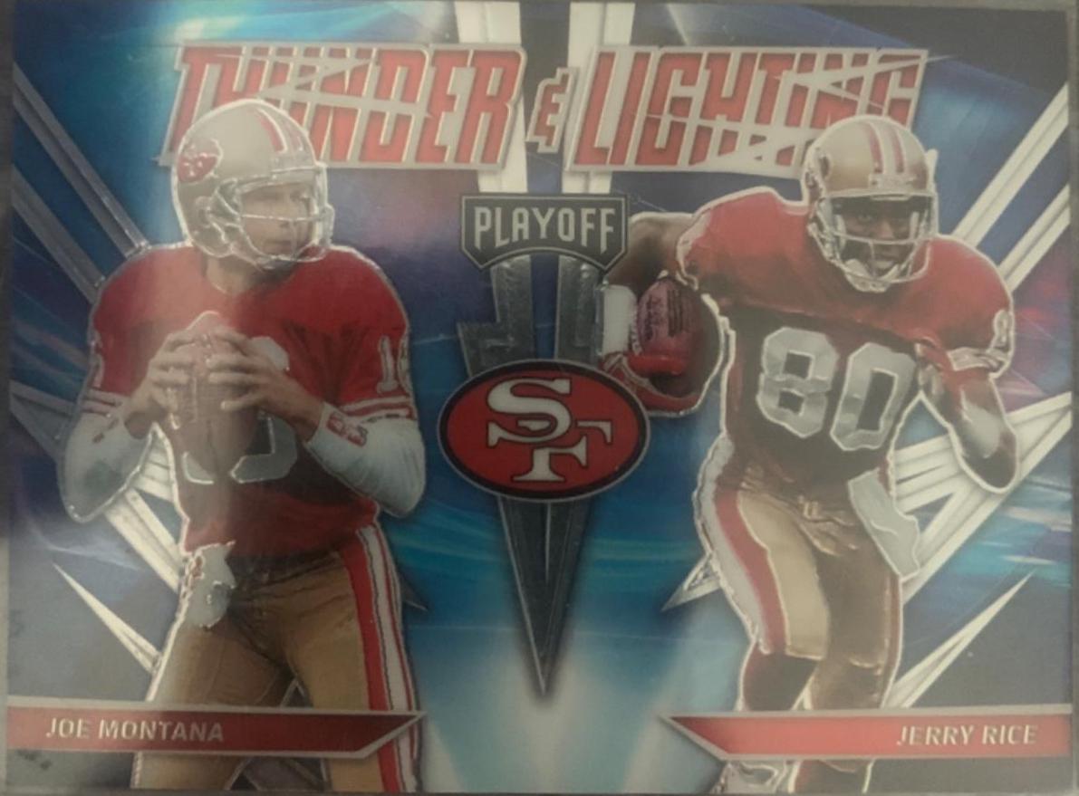 2021 Panini Playoff Thunder & Lightning Joe Montana/ Jerry Rice #TL-7 card