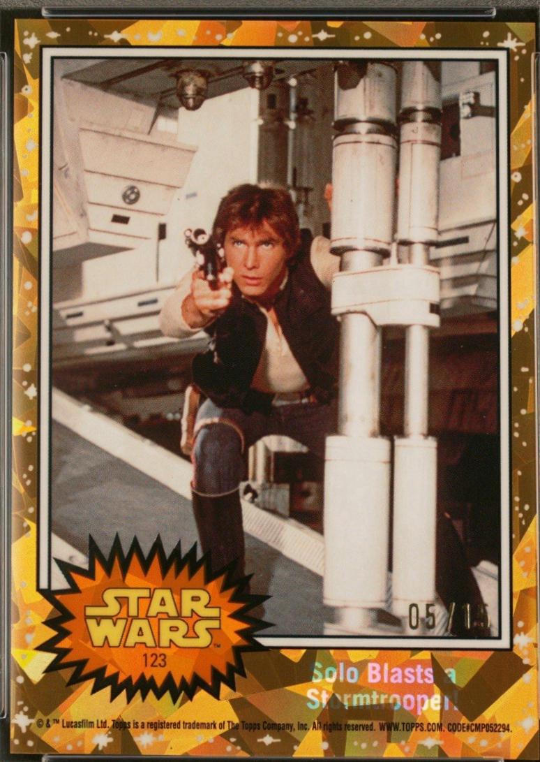 2022 Topps Chrome Sapphire Solo Blasts a Stormtrooper! [Gold] #123 card