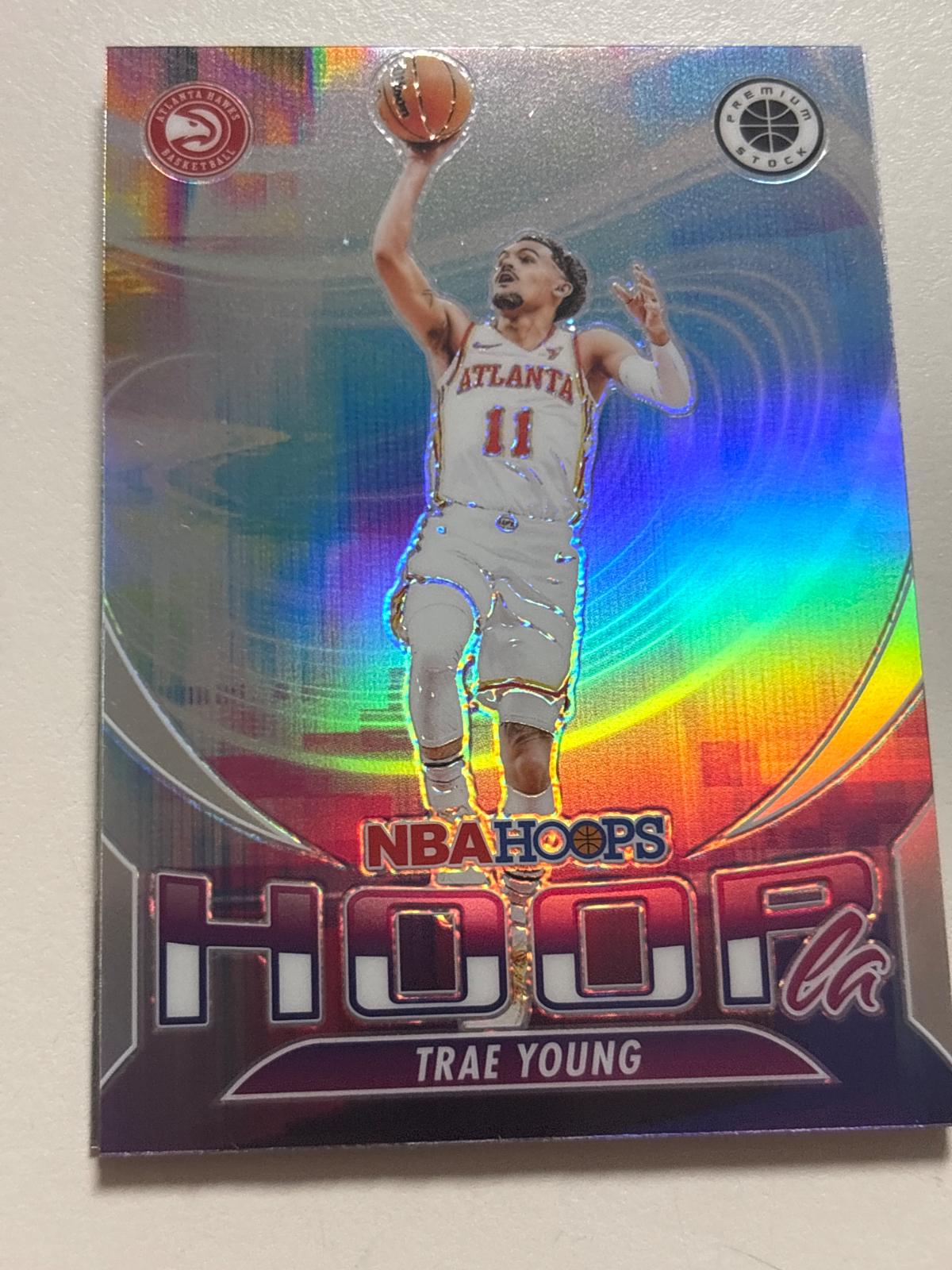 2023 Panini Hoops Premium Stock Hoopla Trae Young [Silver Prizm] #15 card