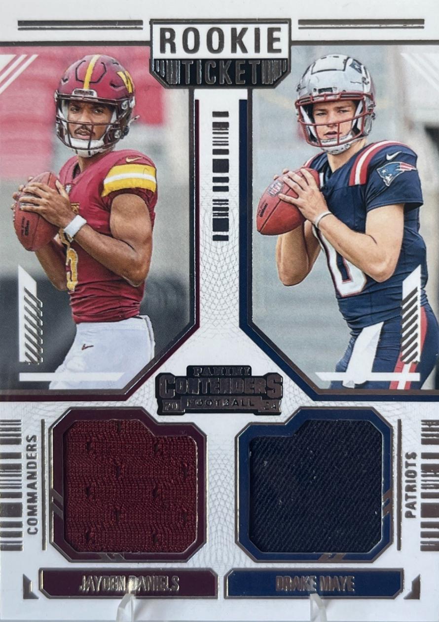 2024 Panini Contenders Rookie Ticket Dual Swatch Drake Maye / Jayden Daniels #13 card