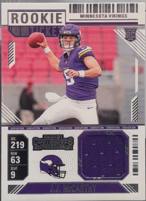 2024 Panini Contenders Rookie Ticket Swatch J.J. McCarthy [Variation] #RTS-JJM card