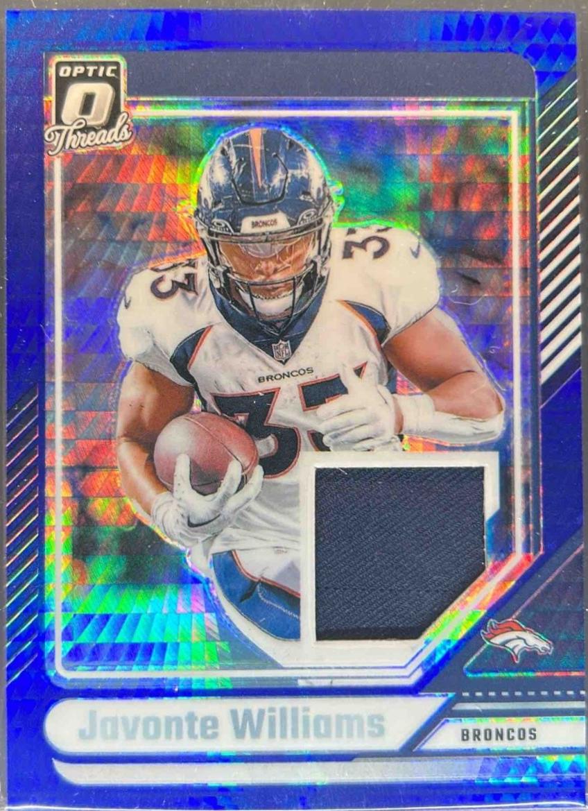 2024 Panini Donruss Optic Threads Blue Hyper Javonte Williams #DTB-JWS card