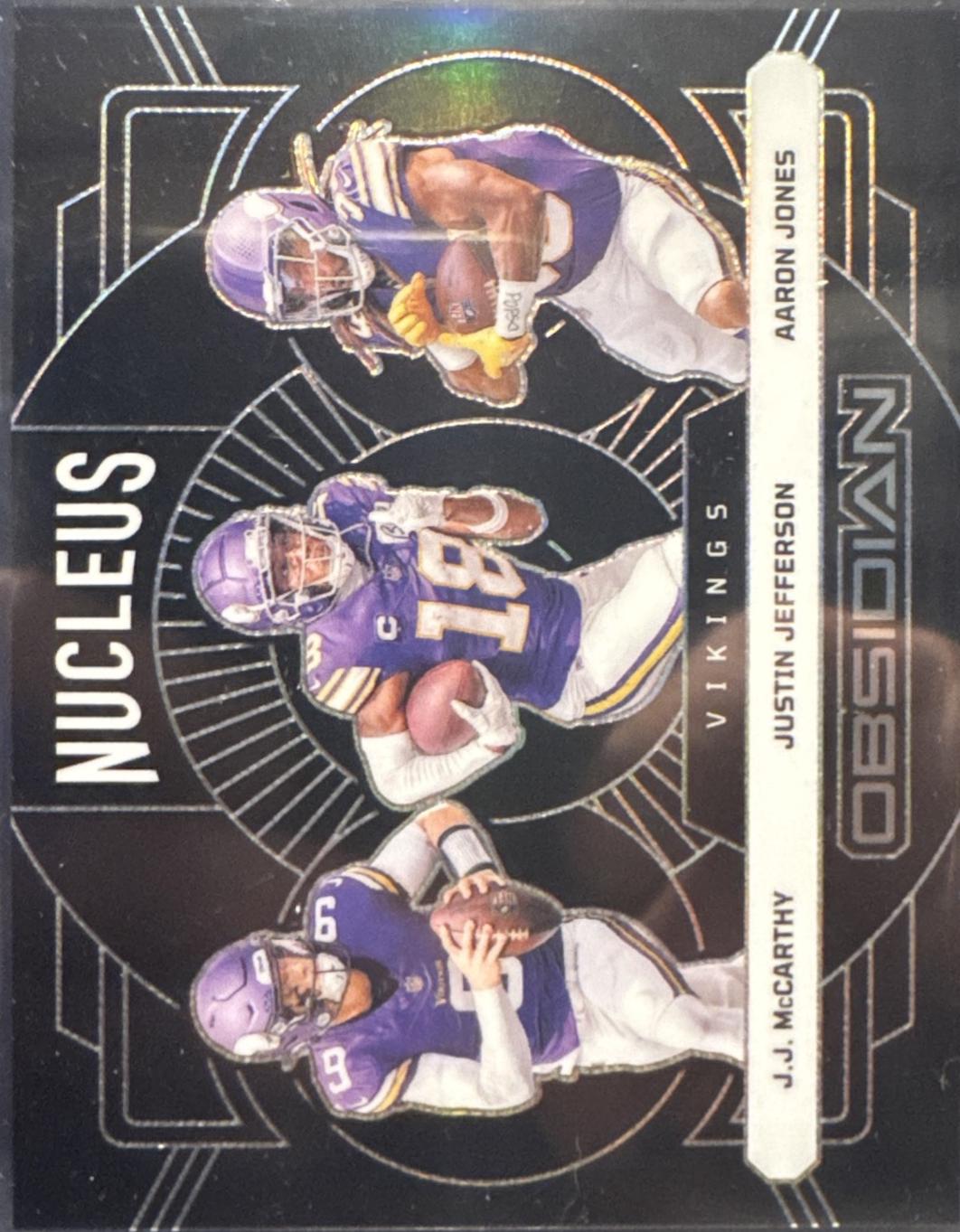 2024 Panini Obsidian Nucleus Aaron Jones / J.J. McCarthy / Justin Jefferson #7 card
