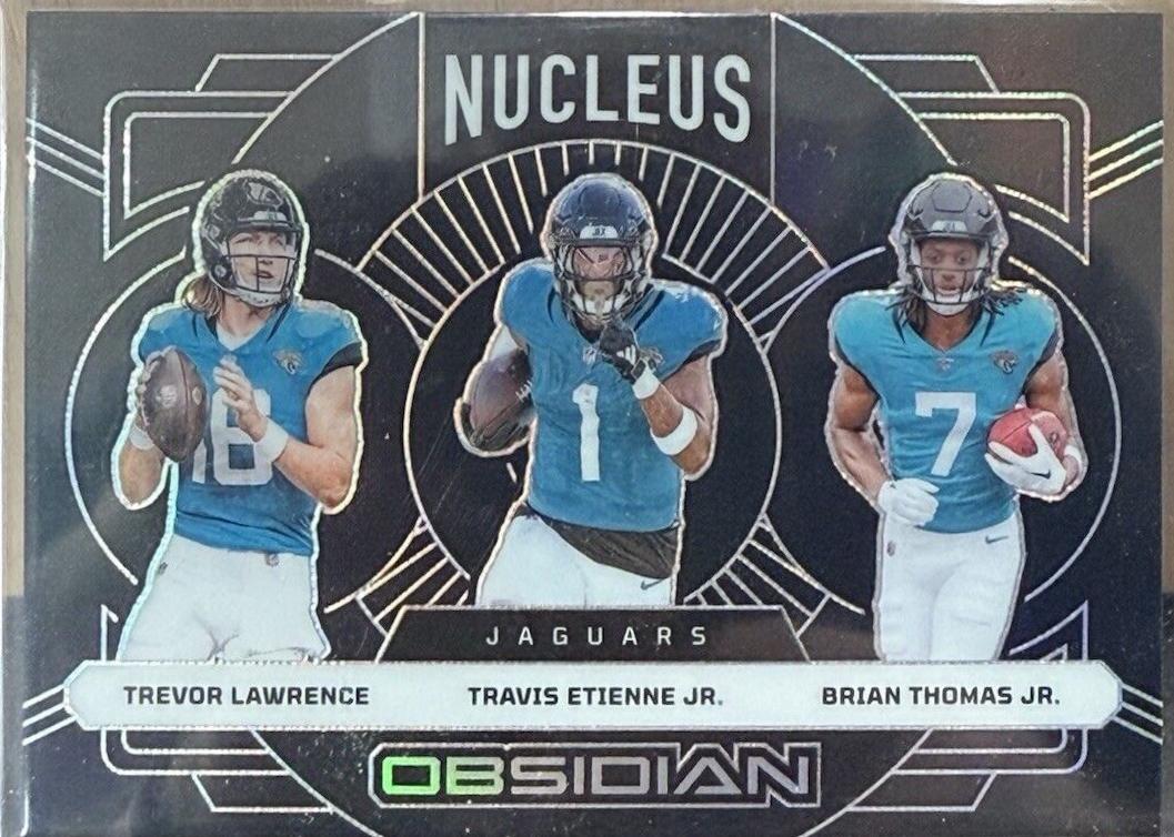 2024 Panini Obsidian Nucleus Brian Thomas Jr. / Travis Etienne Jr. / Trevor Lawrence #2 card