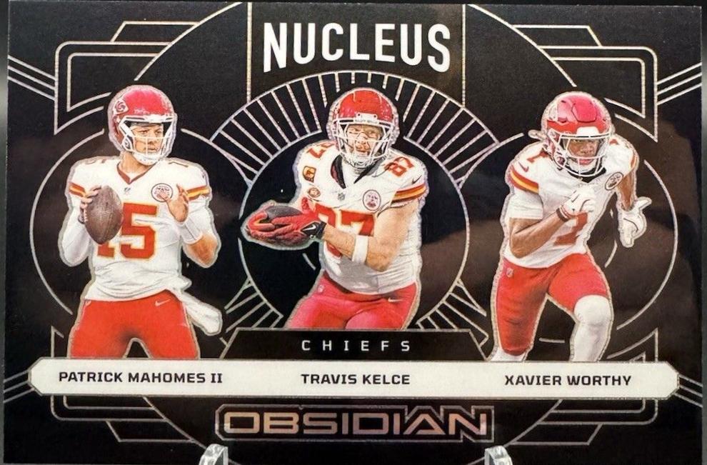 2024 Panini Obsidian Nucleus Patrick Mahomes II / Travis Kelce / Xavier Worthy #1 card