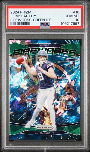 2024 Panini Prizm Fireworks J.J. McCarthy [Green Ice] #18 card