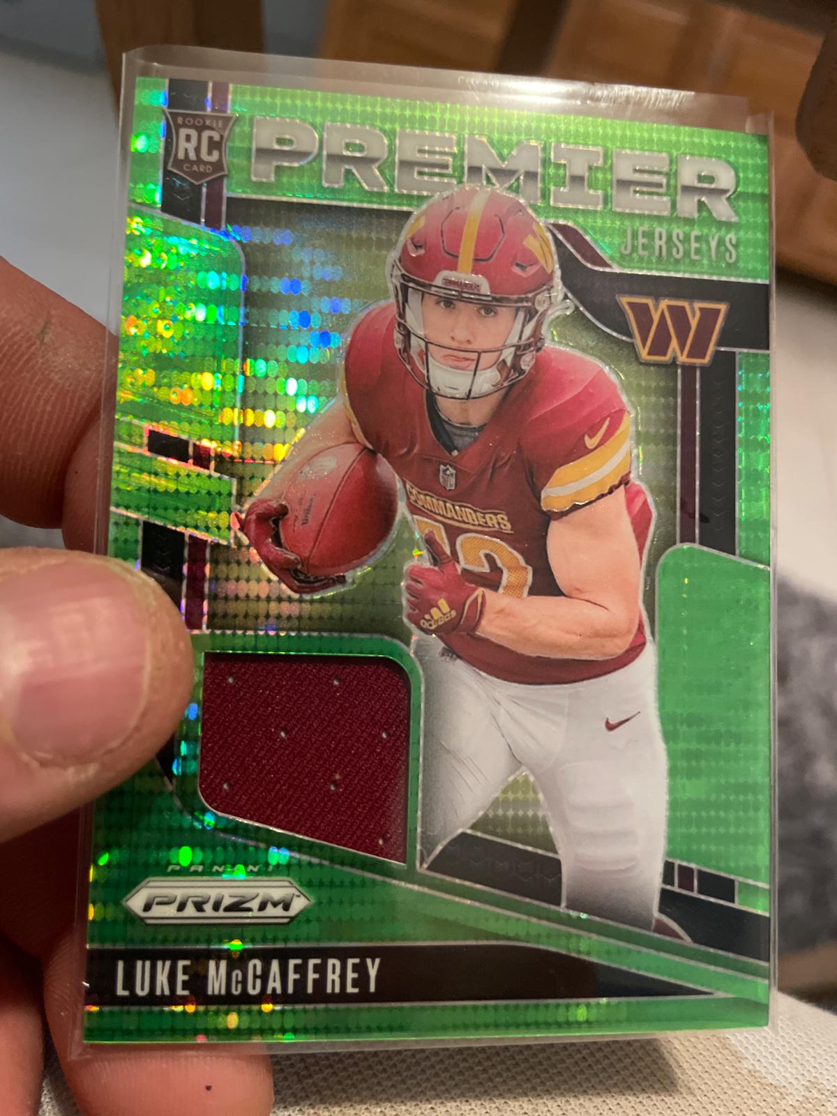 2024 Panini Prizm Premier Jersey Luke McCaffrey [Neon Green Pulsar] #PJ-LMY card