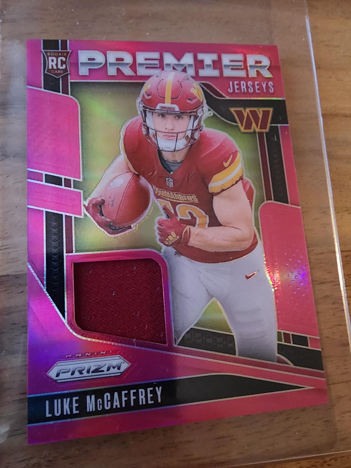 2024 Panini Prizm Premier Jersey Luke McCaffrey [Pink] #PJ-LMY card