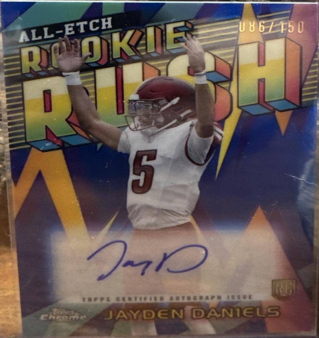 2024 Topps Chrome All-Etch Rookie Rush Autograph Jayden Daniels [Blue Refractor] #RRA-JD card