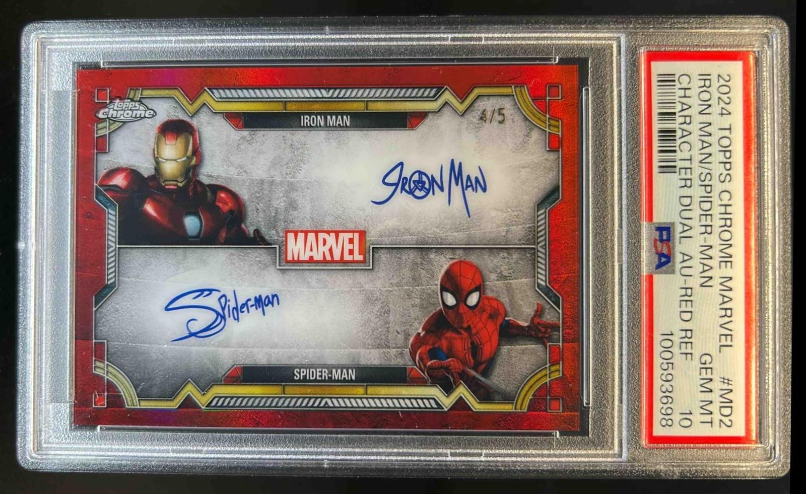 2024 Topps Chrome Character Autograph Dual Iron Man And Spider-Man [Red Refractor] #MD-2 card