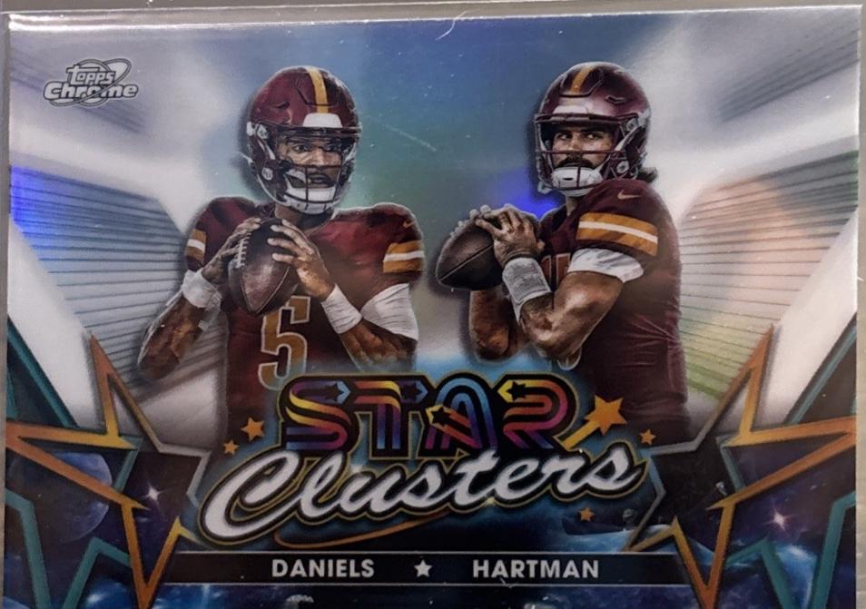 2024 Topps Cosmic Chrome Star Clusters Jayden Daniels / Sam Hartman [Gold Interstellar Refractor] #SCL-8 card