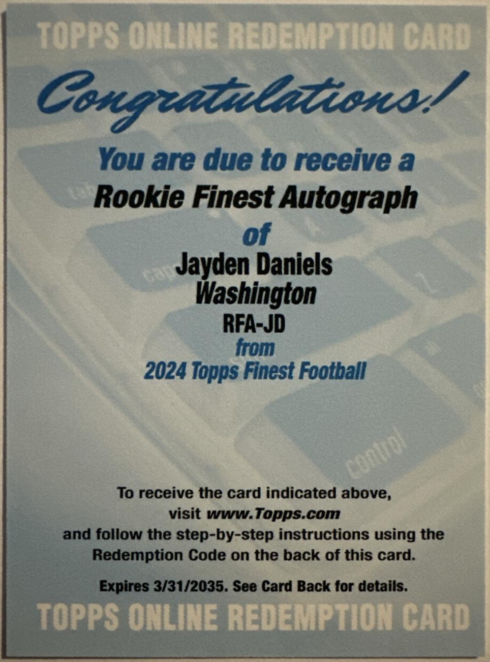 2024 Topps Finest Rookie Autograph Jayden Daniels [Refractor] #RFA-JD card