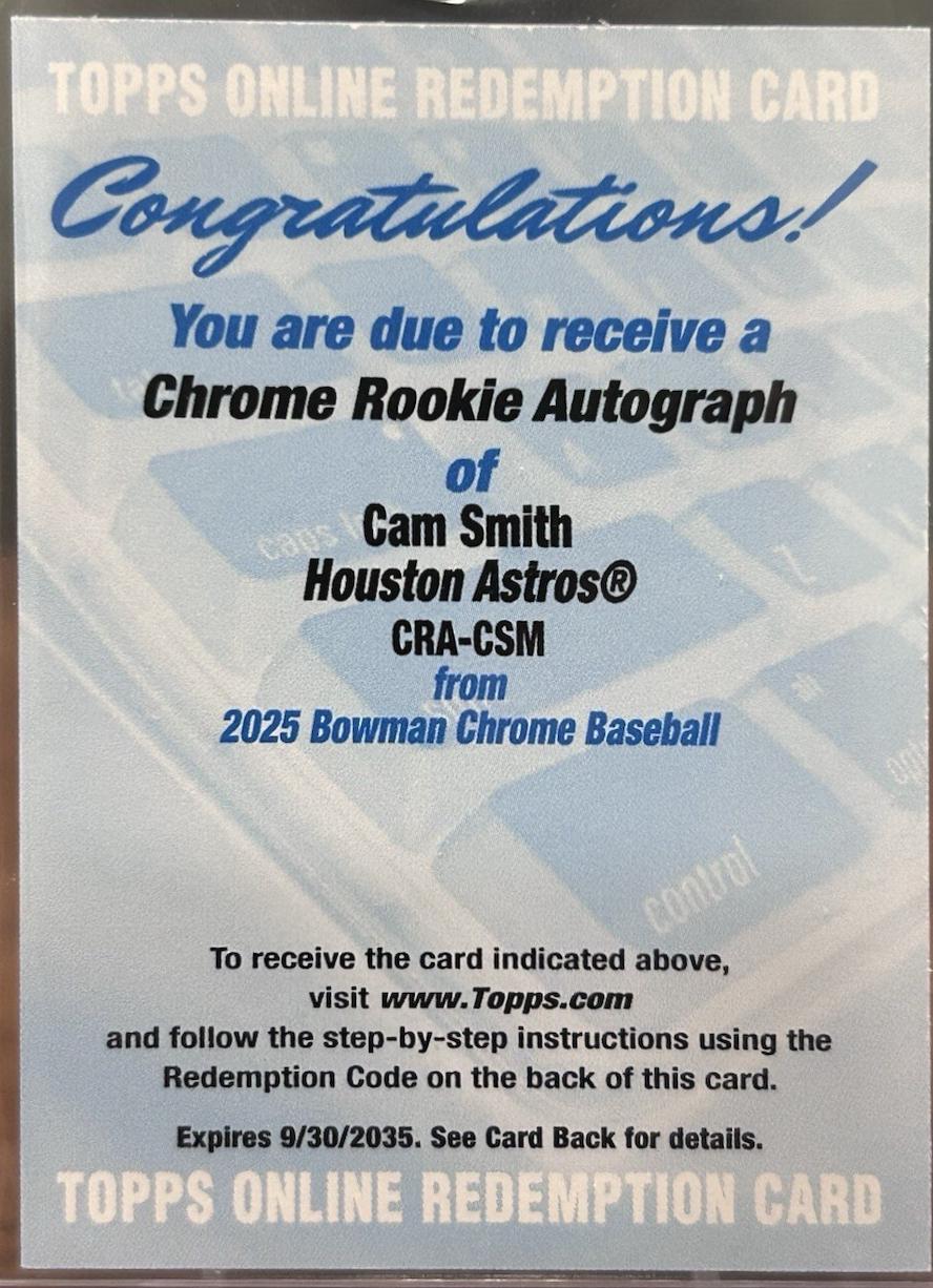 2025 Bowman Chrome Rookie Autograph Cam Smith #CRA-CSM card