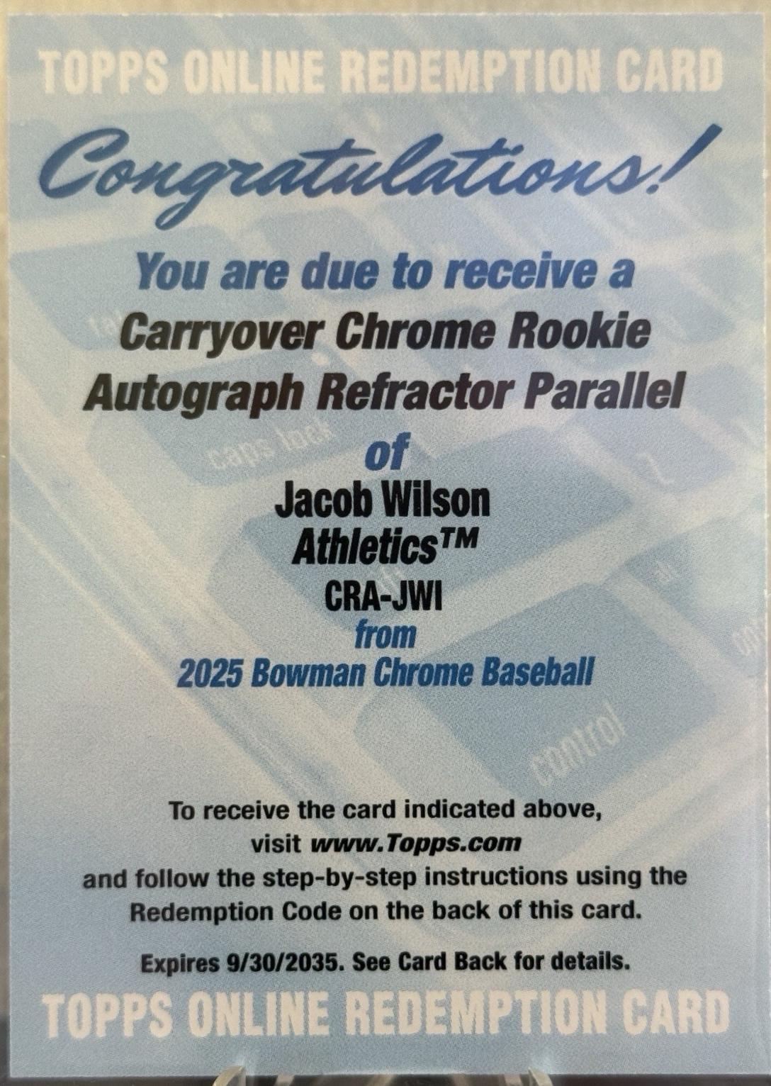 2025 Bowman Chrome Rookie Autograph Jacob Wilson #CRA-JWI card
