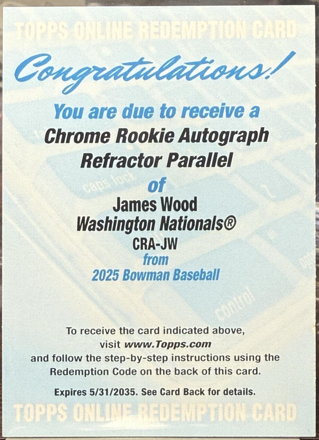 2025 Bowman Chrome Rookie Autograph James Wood [Refractor] #CRA-JW card