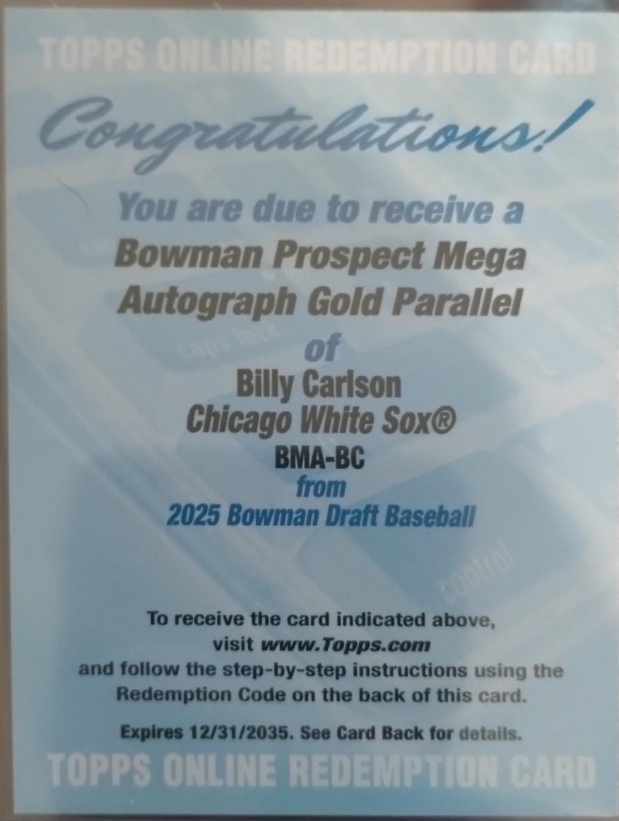 2025 Bowman Draft Chrome Prospect Mega Autograph Billy Carlson #BMA-BC card