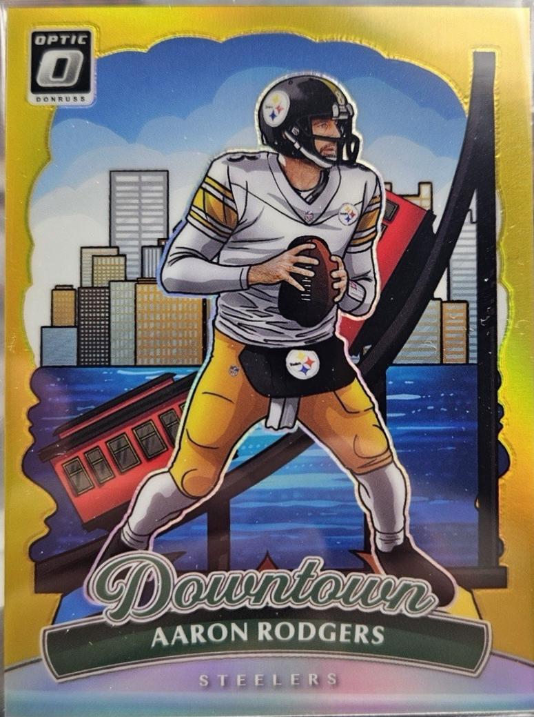 2025 Panini Donruss Optic Downtown Aaron Rodgers [Gold] #25 card