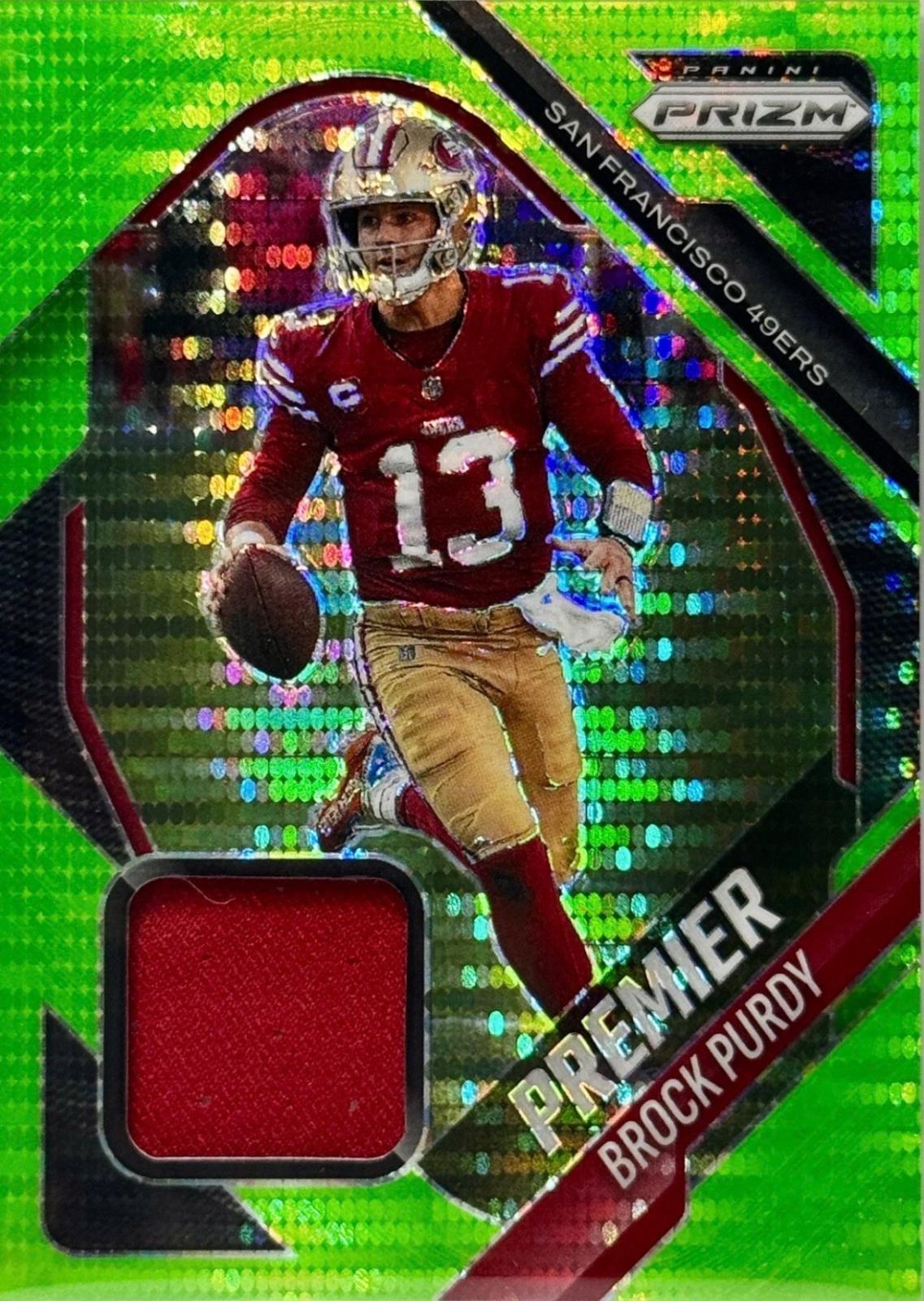 2025 Panini Prizm Premier Jersey Brock Purdy [Neon Green Pulsar] #PJY-BPY card