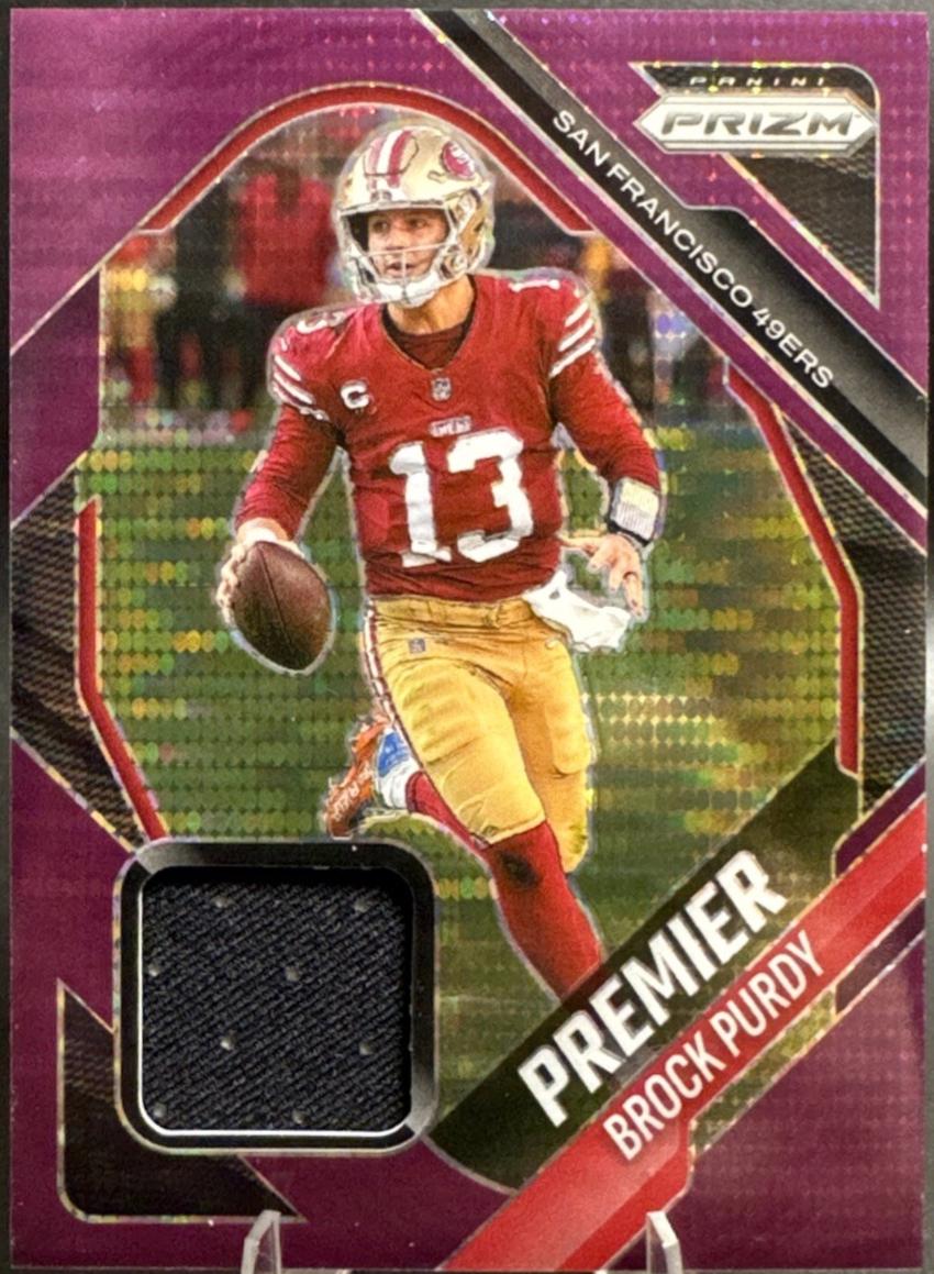 2025 Panini Prizm Premier Jersey Brock Purdy [Purple Pulsar] #PJY-BPY card