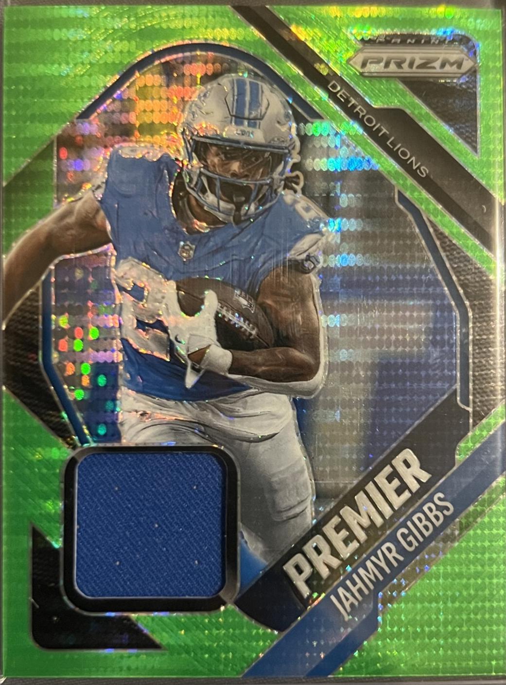 2025 Panini Prizm Premier Jersey Jahmyr Gibbs [Neon Green Pulsar] #PJY-JGB card