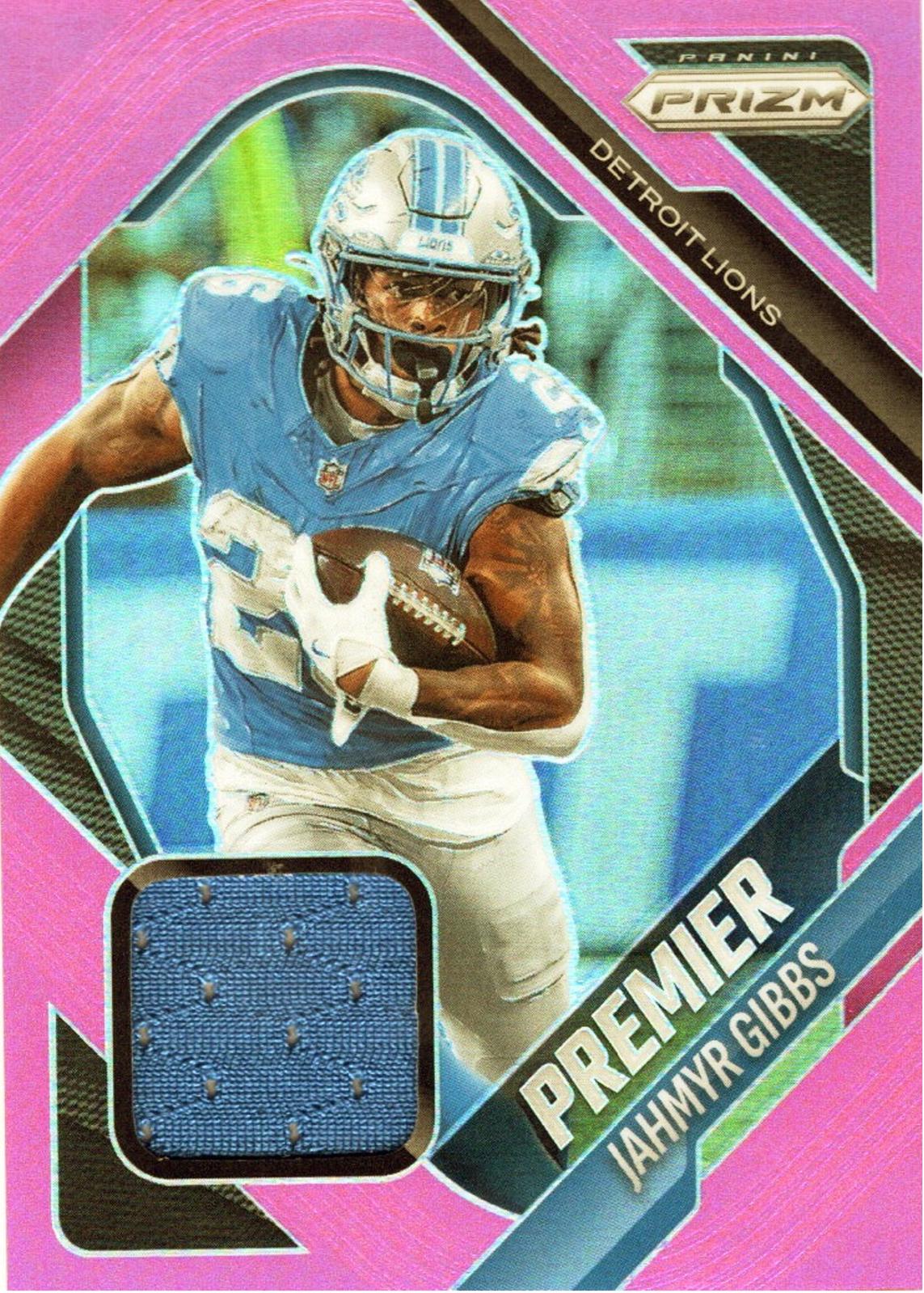 2025 Panini Prizm Premier Jersey Jahmyr Gibbs [Pink] #PJY-JGB card