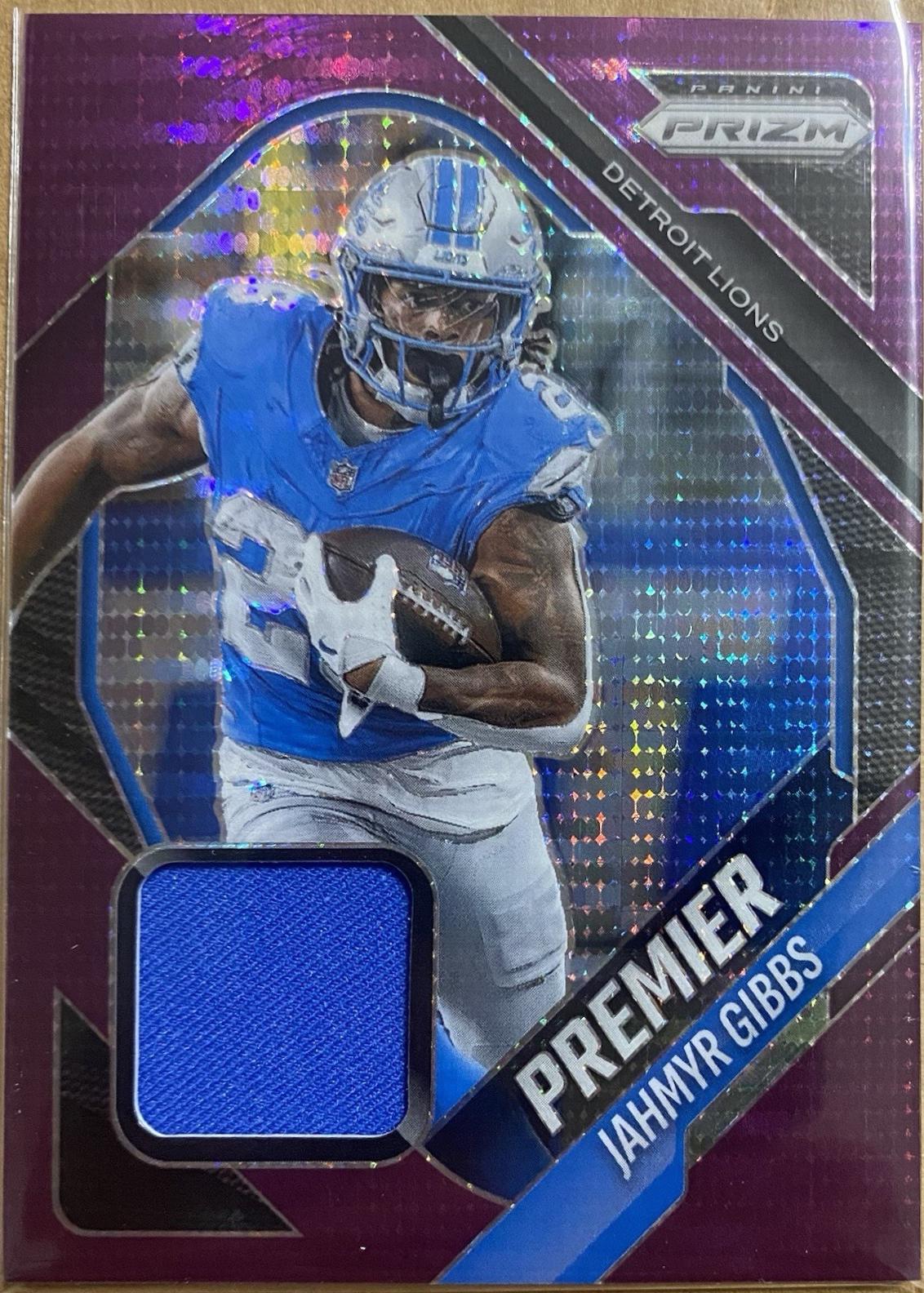 2025 Panini Prizm Premier Jersey Jahmyr Gibbs [Purple Pulsar] #PJY-JGB card