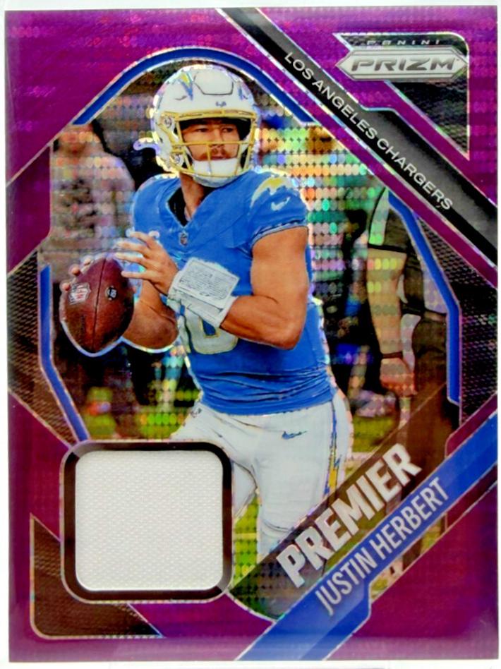 2025 Panini Prizm Premier Jersey Justin Herbert [Purple Pulsar] #PJY-JHT card