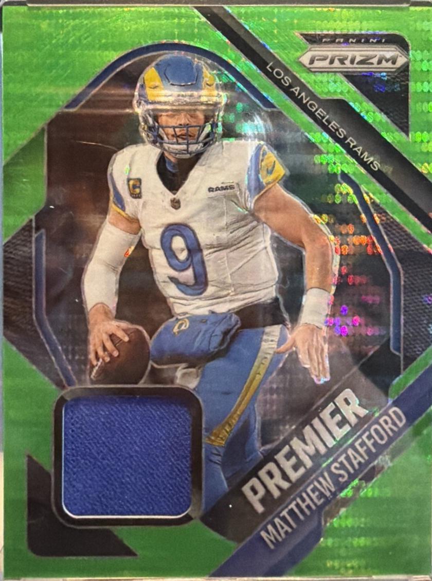 2025 Panini Prizm Premier Jersey Matthew Stafford [Neon Green Pulsar] #PJY-MSD card