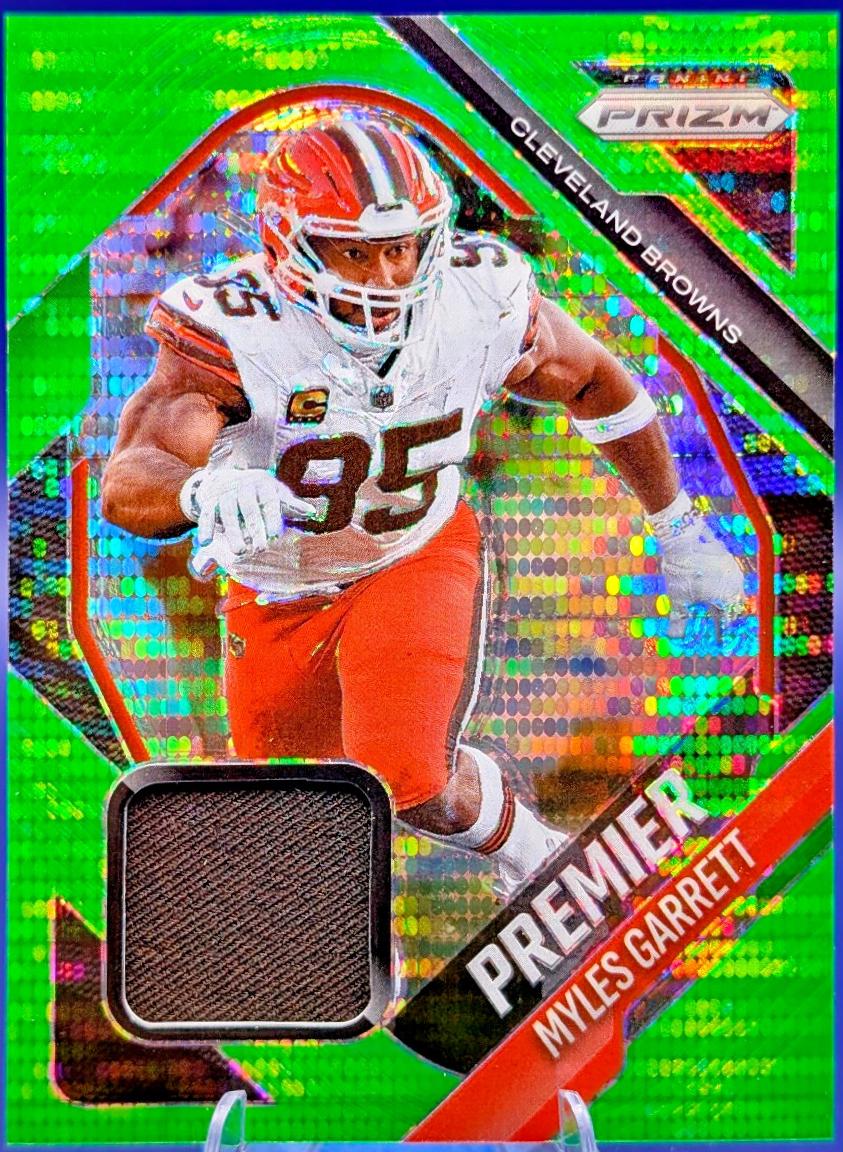 2025 Panini Prizm Premier Jersey Myles Garrett [Neon Green Pulsar] #PJY-MGT card