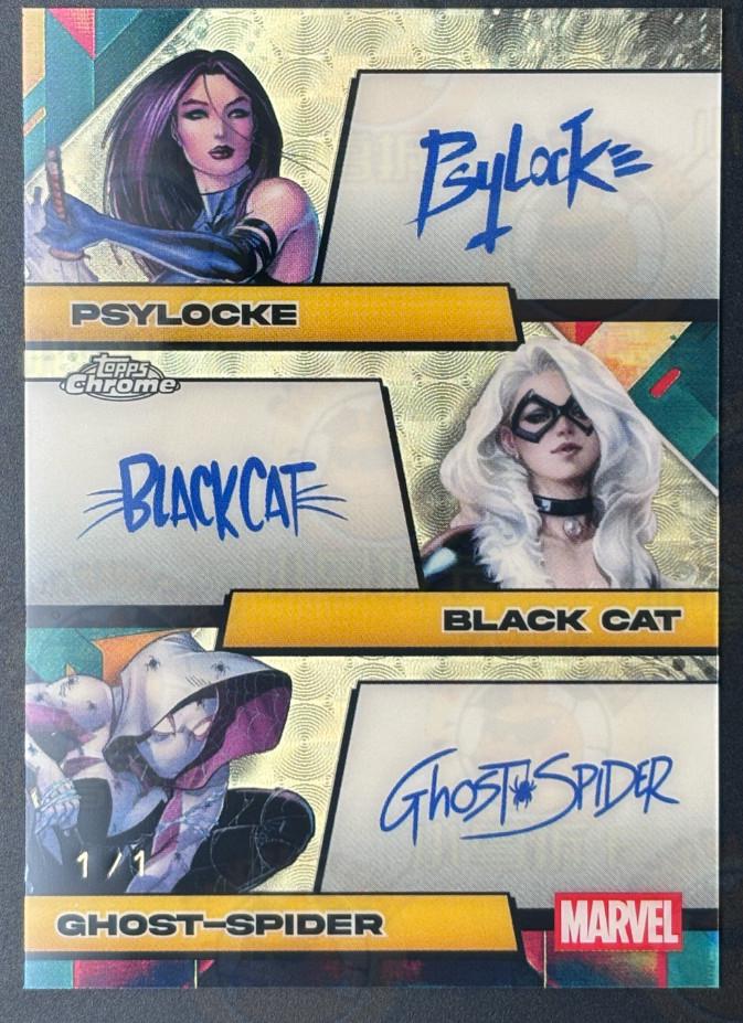 2025 Topps Chrome Comics Facsimile Triple Autograph Ghost-Spider / Black Cat / Psylocke [SuperFractor] #FT-PBG card