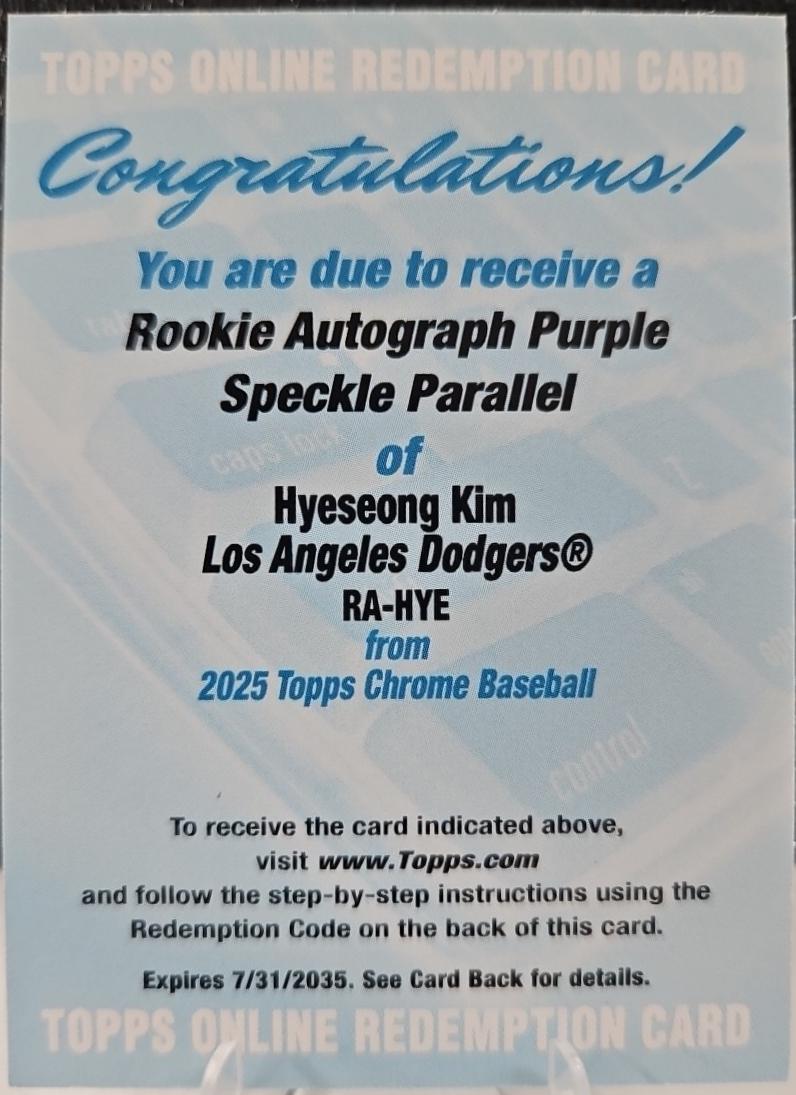 2025 Topps Chrome Rookie Autograph Hyeseong Kim [Purple Speckle Refractor] #RA-HYE card
