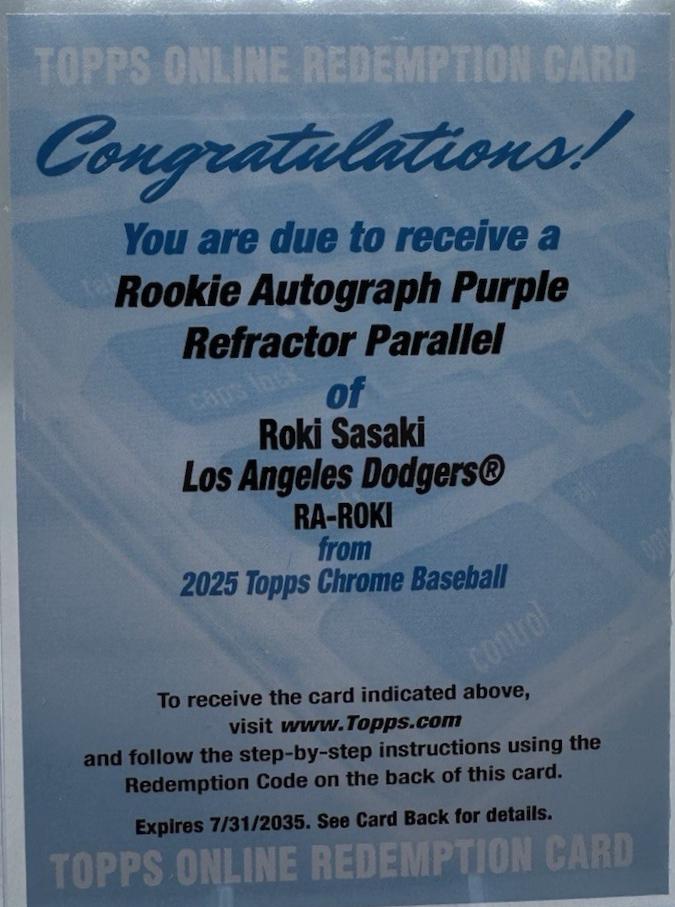 2025 Topps Chrome Rookie Autograph Roki Sasaki [Purple Refractor] #RA-ROKI card