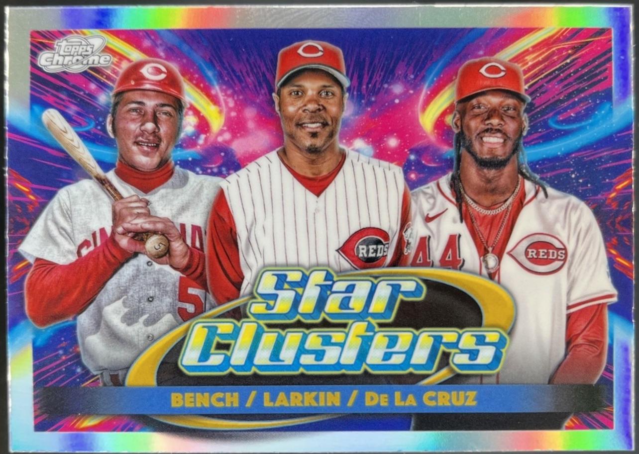 2025 Topps Cosmic Chrome Triple Star Clusters Elly De La Cruz / Johnny Bench / Barry Larkin #TSC-4 card