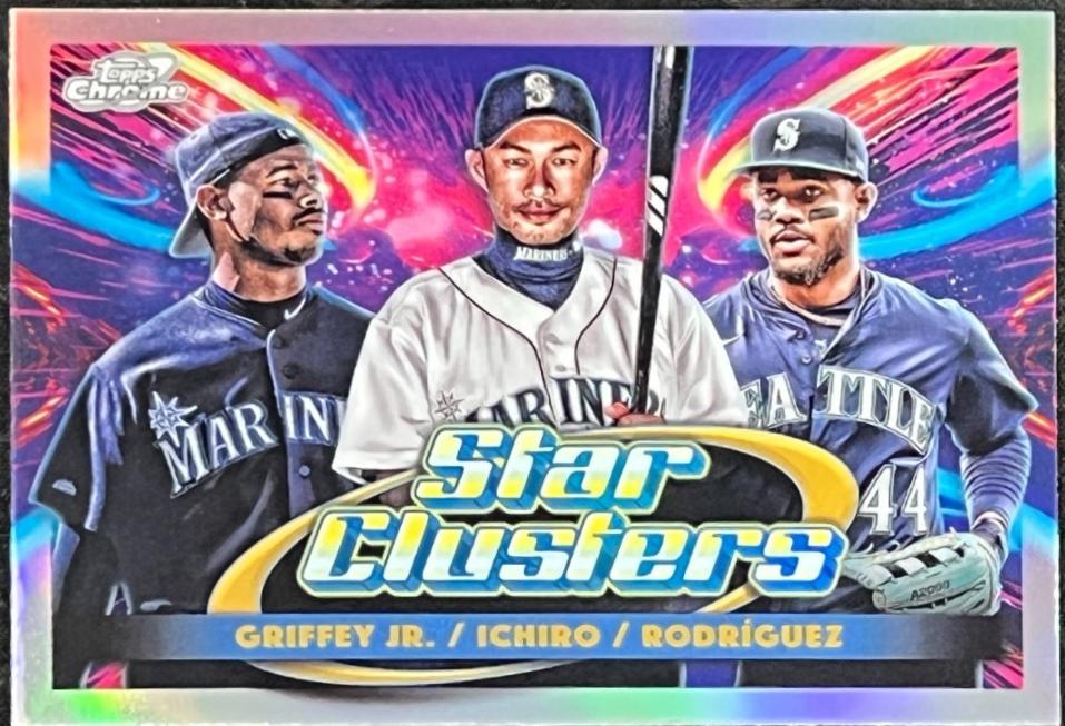 2025 Topps Cosmic Chrome Triple Star Clusters Ken Griffey Jr. / Ichiro / Julio Rodriguez #TSC-3 card