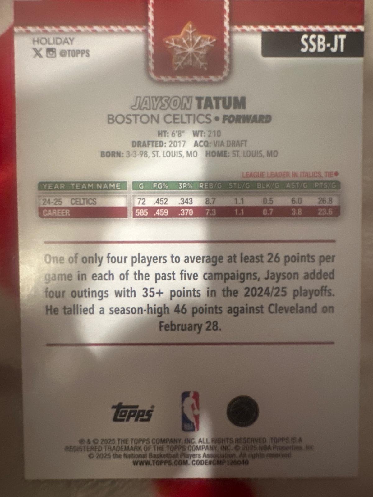 2025 Topps Holiday SSP Back Variation Jayson Tatum #SSB-JT card