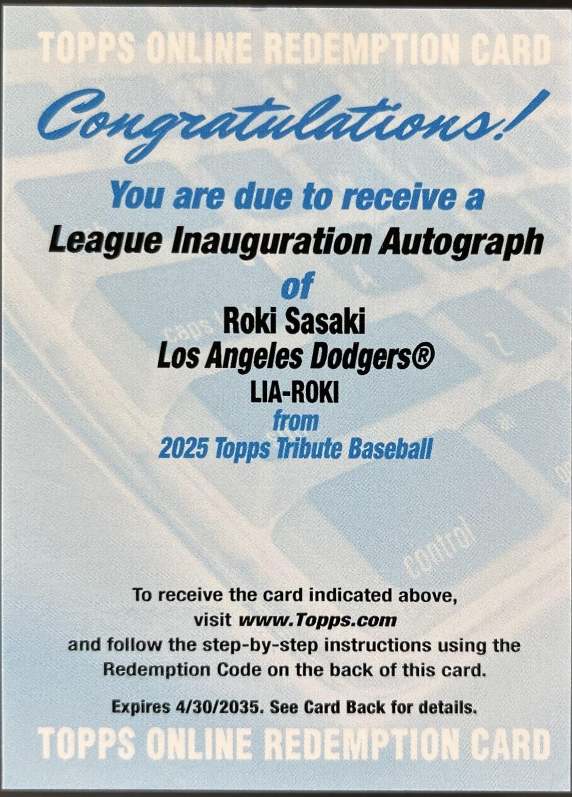 2025 Topps Tribute League Inauguration Autograph Roki Sasaki #LIA-ROKI card